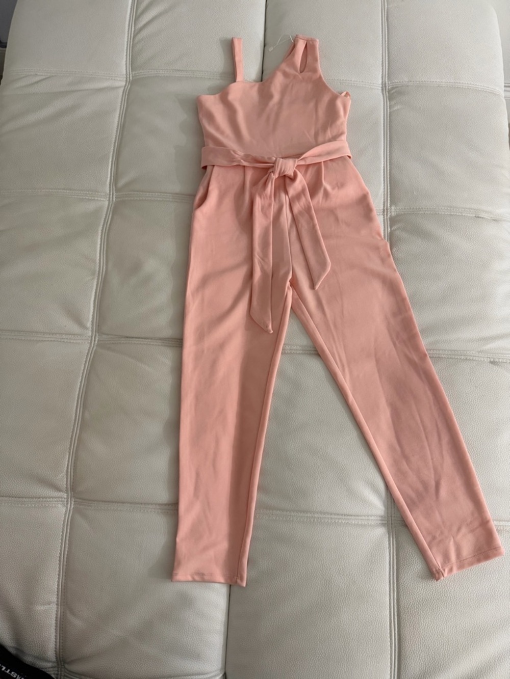 Girls Pink One-Shoulder Jumpsuit with Waist Tie